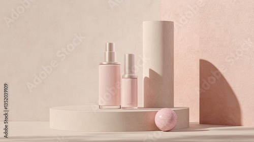 Wallpaper Mural Pink cosmetic bottles on a light beige display, product presentation Torontodigital.ca