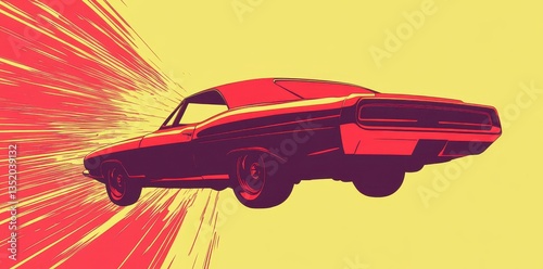 A stylized illustration features a red vehicle moving with speed