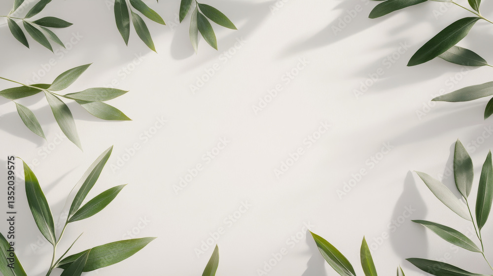 Lush green leaves frame light background, creating serene and natural atmosphere. Perfect for nature themed designs or eco friendly projects Lush green leaves frame light background, creating serene and natural atmosphere. Perfect for nature themed designs or eco friendly projects