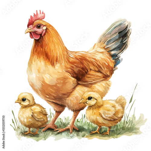 A watercolor vector painting of a mother chicken with her kid, isolated on a white background.

