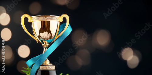 Wallpaper Mural golden trophy with blue ribbon stands proudly against dark background, symbolizing achievement and success. soft bokeh lights create celebratory atmosphere, enhancing trophy elegance Torontodigital.ca