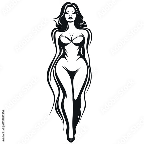 Woman with long hair and a black dress. She is walking and has a very sexy look