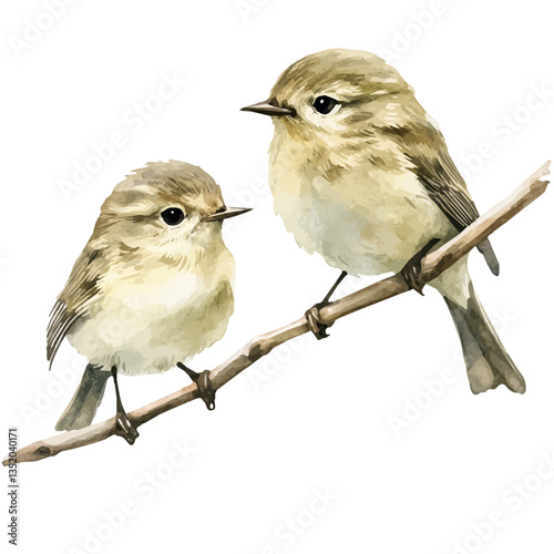 A watercolor vector painting of a mother chiffchaff with her kid, isolated on a white background.

 photo