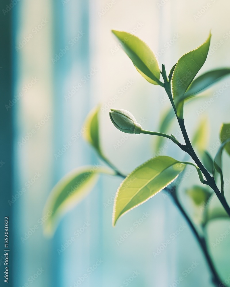 Obraz premium Budding Plant Against a Window Delicate Green Leaves in Soft Light