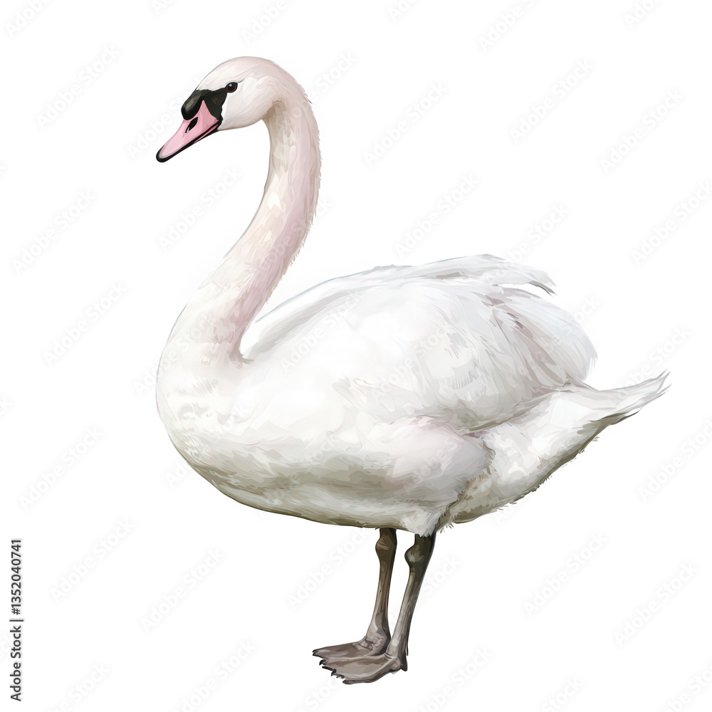 a graceful swan standing elegantly showcasing its long neck and pristine white feathers against a plain background