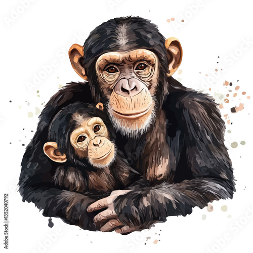 A watercolor vector painting of a mother chimpanzee with her kid, isolated on a white background.

