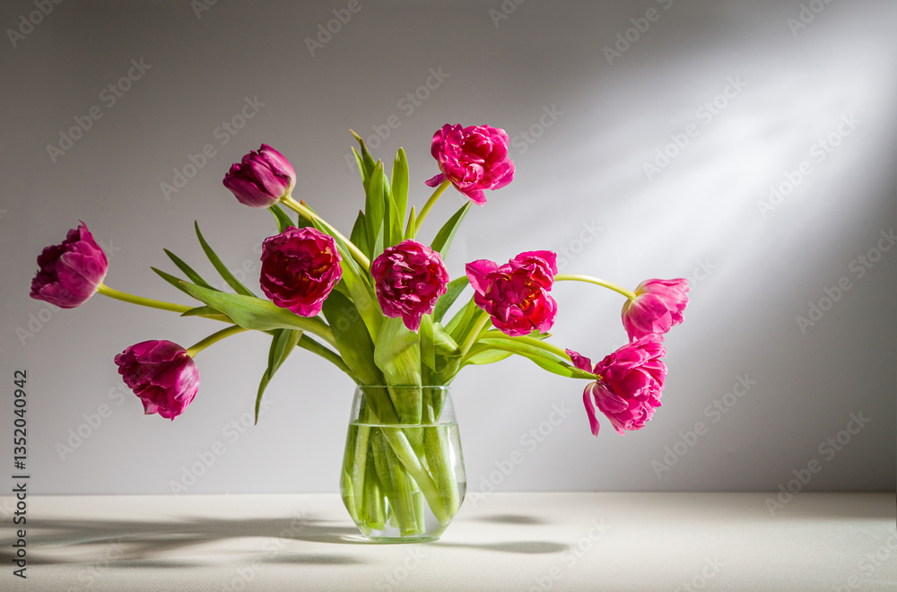 Fototapeta premium A bouquet of pink tulips in a transparent vase on a light background