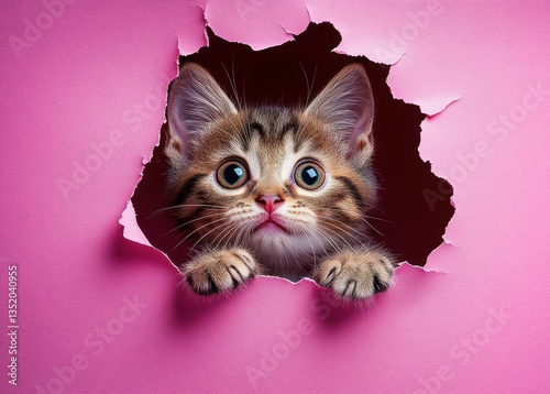 curious kitten peeking through torn pink paper adorable playful fluffy grey tuxedo calico domestic feral cute animal photo
