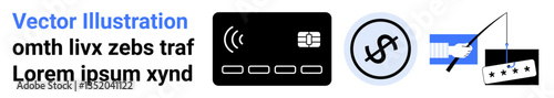 Credit card with a wireless signal, dollar coin, hand holding credit card terminal, and star rating represent digital payment, financial transactions, cashless economy, business operations, user