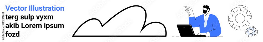 Person pointing at laptop while discussing cloud concept with abstract cloud and gear icons. Ideal for technology, IT solutions, cloud computing, teamwork, innovation, consulting, simple landing page Person pointing at laptop while discussing cloud concept with abstract cloud and gear icons. Ideal for technology, IT solutions, cloud computing, teamwork, innovation, consulting, simple landing page