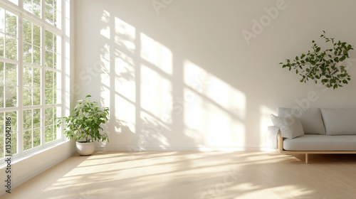 bright and airy living room featuring large window, soft sofa, and potted plant, creating serene atmosphere with natural light and shadows