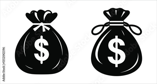 Money bag icon with dollar symbol black silhouette vector design. Black silhouette money bag with dollar sign vector. Banking and finance money bag silhouette with dollar sign vector