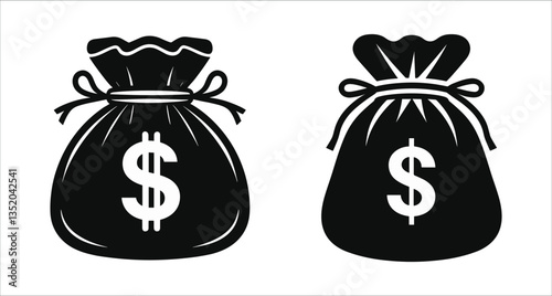 Money bag icon with dollar symbol black silhouette vector design. Black silhouette money bag with dollar sign vector. Banking and finance money bag silhouette with dollar sign vector