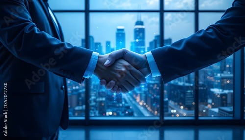 Business Handshake with Glowing Effect Over Cityscape in Modern Office