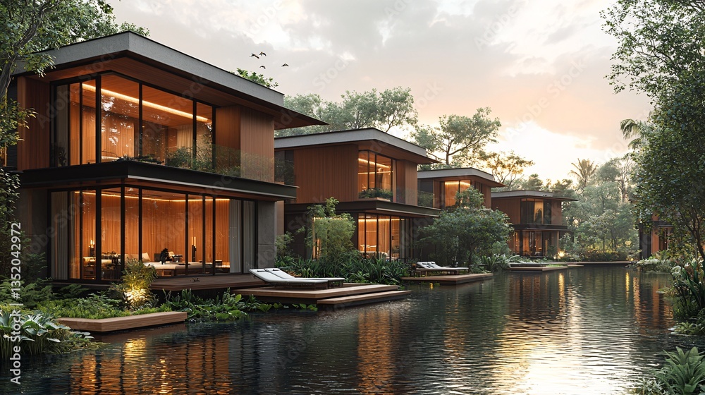 Serene Waterfront Villas Surrounded by Lush Greenery at Sunset with Calm Water Reflection Serene Waterfront Villas Surrounded by Lush Greenery at Sunset with Calm Water Reflection