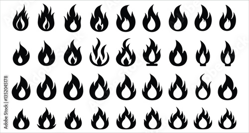 Black flame icon set. Collection of fire symbol silhouettes vector design. Set of black fire flame silhouettes icon vector. Set of fire icons black flame silhouettes vector