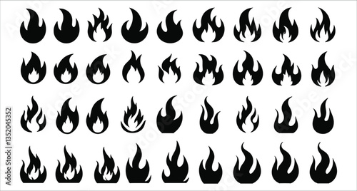 Black flame icon set. Collection of fire symbol silhouettes vector design. Set of black fire flame silhouettes icon vector. Set of fire icons black flame silhouettes vector