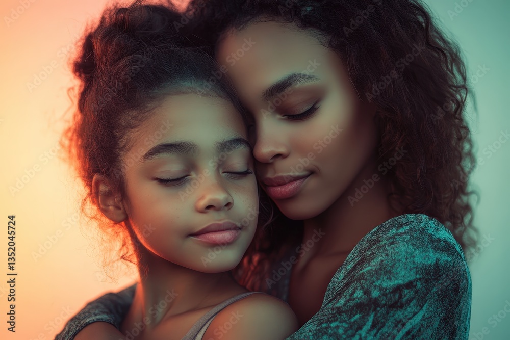 Obraz premium A loving mother hugs her daughter with peaceful expressions