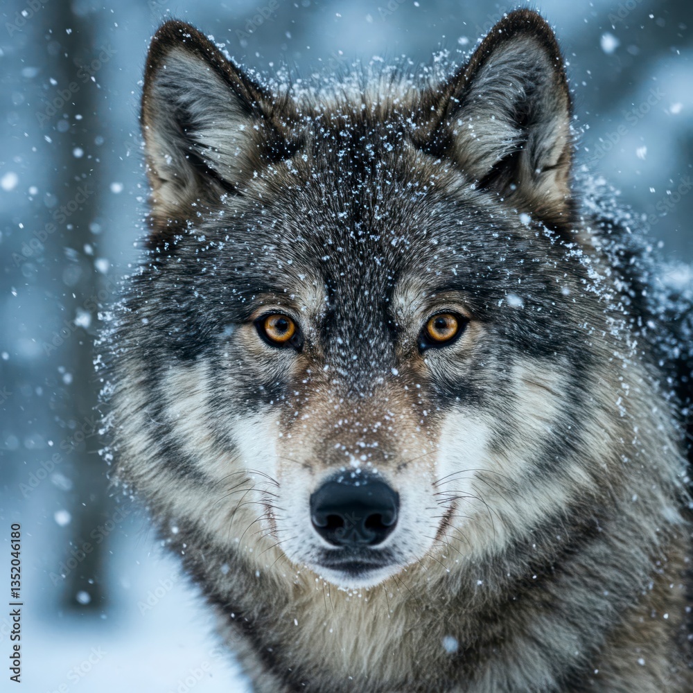Fototapeta premium Wolf head portrait, close up, snow falling. Dramatic animal portrait, ideal for wildlife and nature themes.