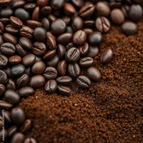 Close-up of dark roasted coffee beans and finely ground coffee, beans, texture