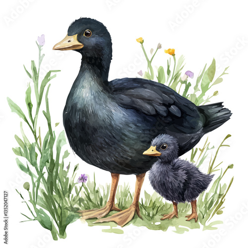 A watercolor vector painting of a mother coot with her kid, isolated on a white background.

