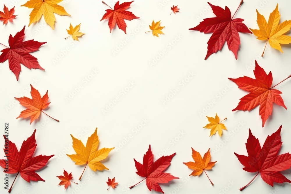 Fototapeta premium Crisp, vibrant maple leaves scattered on pure white , leaves on white, red