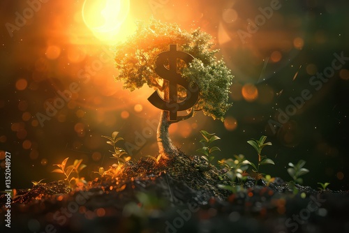 Whimsical Tree Growing from Seed Under Glowing Sun