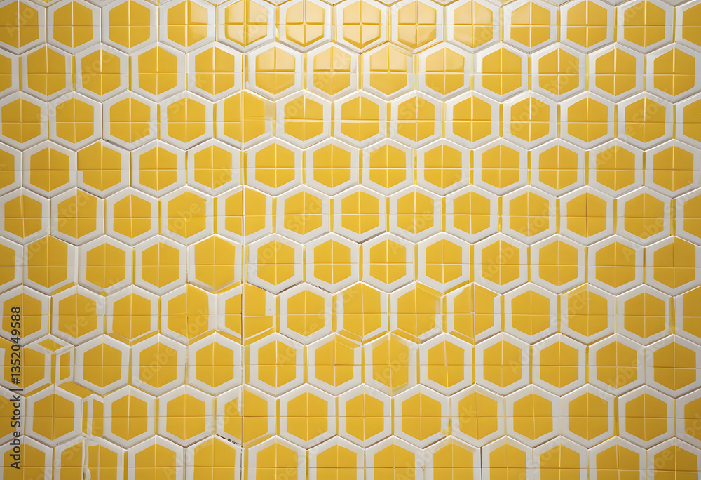 A yellow wall with an intricate backsplash made of geometric yellow and white tiles, creating a dynamic pattern. A yellow wall with an intricate backsplash made of geometric yellow and white tiles, creating a dynamic pattern.