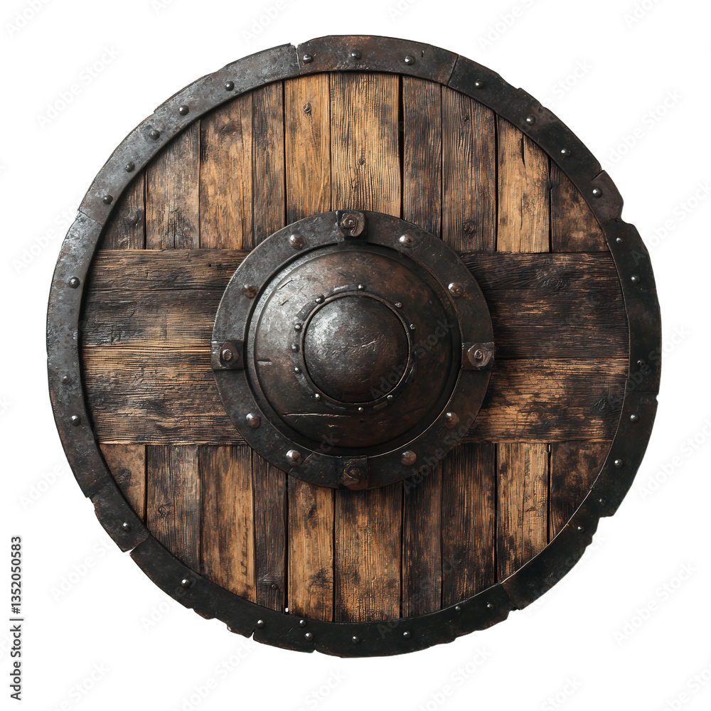 Fototapeta premium Medieval weapon. Viking shield. White, solid, transparent background. 