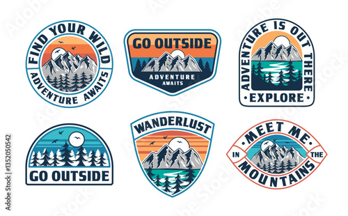 Vintage adventure badge vector set with mountain landscapes, pine trees, and motivational outdoor quotes. Perfect for apparel, stickers, branding, and nature-inspired designs.