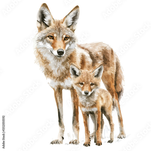 A watercolor vector painting of a mother coyote with her kid, isolated on a white background.

