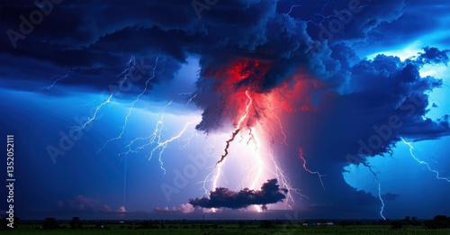 Vibrant blue and red storm chaser tracking app icon with dark thunderstorm and intense lightning realistic detailed glossy style round square shape modern app icon bold vibrant
