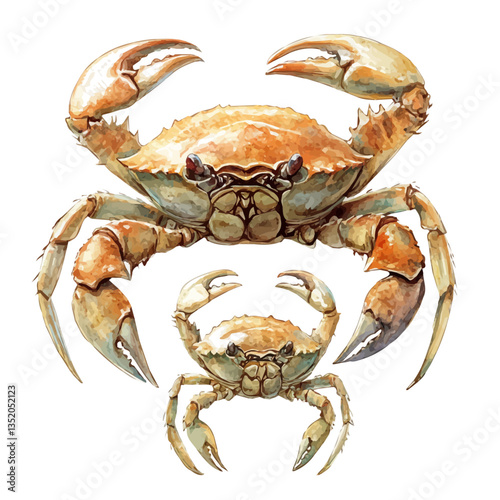 A watercolor vector painting of a mother crab with her kid, isolated on a white background.

