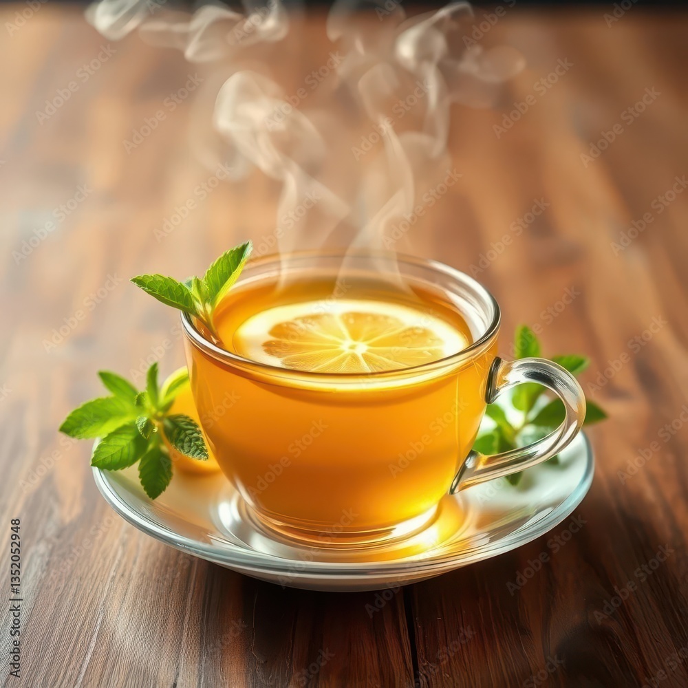 Steaming cup of tea, lemon slices, fresh mint sprigs, warmth, healthy Steaming cup of tea, lemon slices, fresh mint sprigs, warmth, healthy