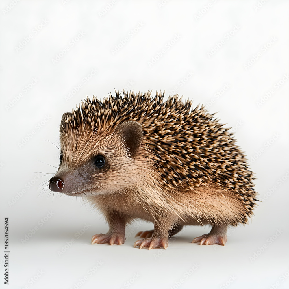 A small, well-formed hedgehog with a spiky brown coat and pointed snout stands in a realistic side-view portrait, full body on a white background, with tiny ears, dark beady eyes, and a calm, curious A small, well-formed hedgehog with a spiky brown coat and pointed snout stands in a realistic side-view portrait, full body on a white background, with tiny ears, dark beady eyes, and a calm, curious