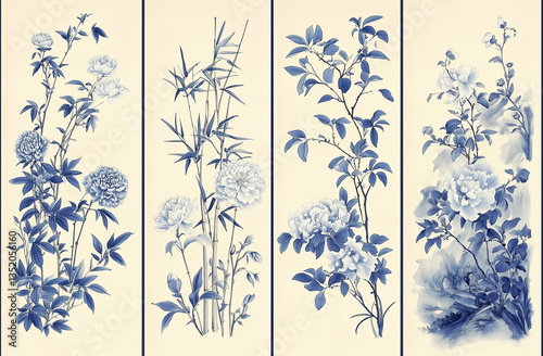 Blue and white porcelain wall art featuring floral designs with peonies and bamboo