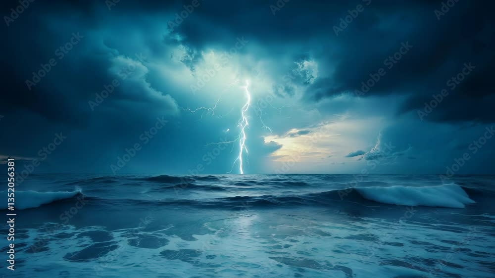 Dramatic lightning over stormy ocean waves captured at twilight