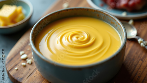 A bowl of creamy yellow soup with a swirl of melted butter on top, served on a wooden table with additional bowls containing ingredients and garnishes. photo