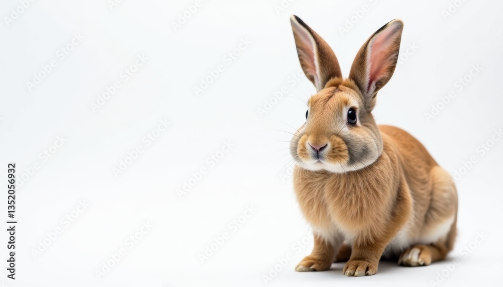 Brown rabbit with long ears sits on white, looking directly at camera , ear, closeup, nose Brown rabbit with long ears sits on white, looking directly at camera , ear, closeup, nose