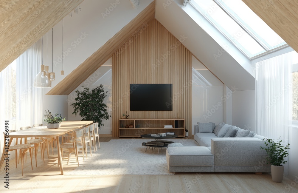 Fototapeta premium Stylish small apartment interior with an angled ceiling, featuring light wood flooring and white walls.