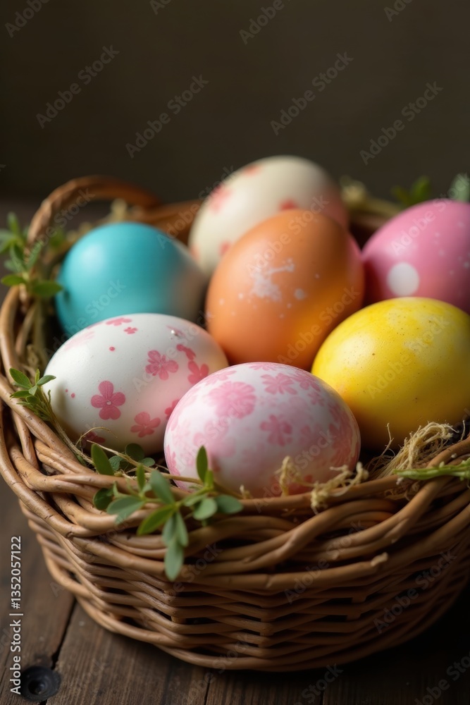 Close-up of painted eggs in a rustic Easter basket , celebration, painted, antique Close-up of painted eggs in a rustic Easter basket , celebration, painted, antique