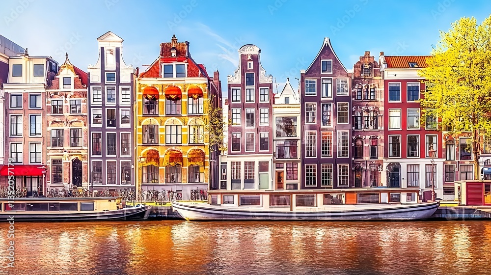 Obraz premium Colorful Houses Along the Amstel River in the Netherlands at Dusk