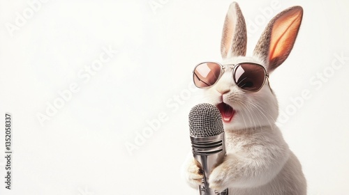 Cool white rabbit wearing stylish sunglasses holding a microphone, ready to perform a stand-up comedy or sing a hilarious song with attitude