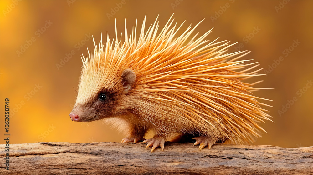 Fototapeta premium Cute orange hedgehog on wood, autumn background, wildlife photography, nature poster