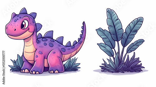 Fototapeta Naklejka Na Ścianę i Meble -  Cute purple dinosaur cartoon illustration with tropical plants, perfect for children's books or educational materials