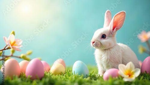 Pastel eggs, bunny, spring flowers, willow branches, background, illustration