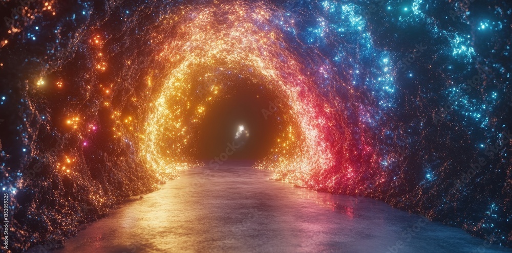 Fototapeta premium A glowing tunnel with colorful lights and reflective surface