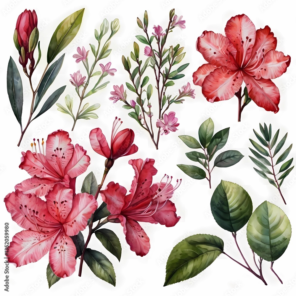 Fototapeta premium Big set with buds, flowers, twigs and leaves of azalea in watercolor illustration. This set is well suited for your various projects: creating cards, invitations, wedding design and many others