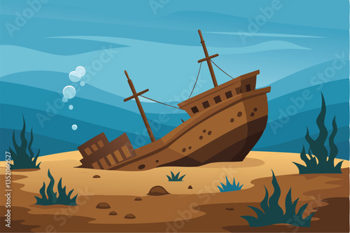 Sunken ship resting in the deep blue ocean, surrounded by marine life and hidden treasures beneath the waves