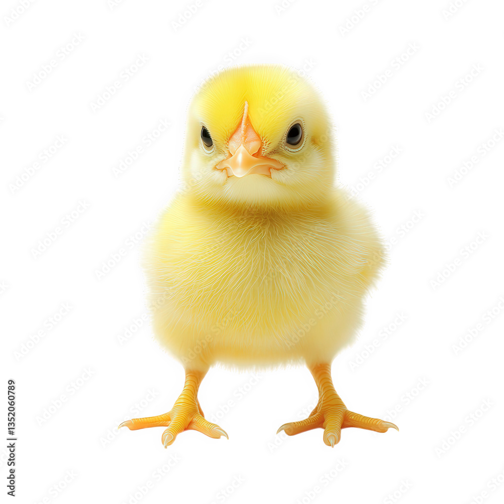 Fototapeta premium a cute fluffy yellow chick stands upright against a plain white background showcasing its soft feathers and curious expression highlighting the charm of young birds